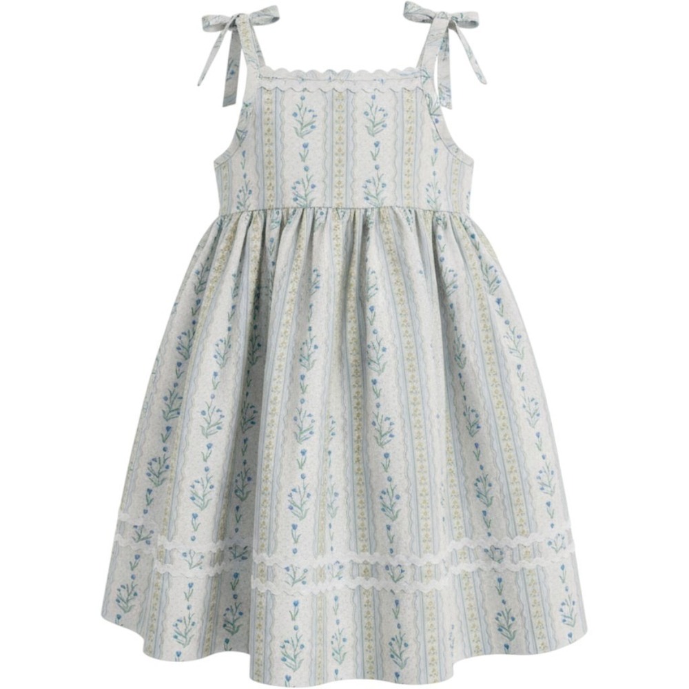 Smockingbird Girls 2T Blue Yellow Floral Stripe Rick Rack Tie Strap Sun Dress